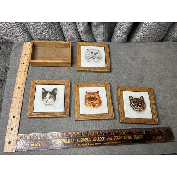Cat Ceramic Wood Framed Tile Derick Bown Artist Signed Coasters Lot Of 4 - Picture 9 of 9